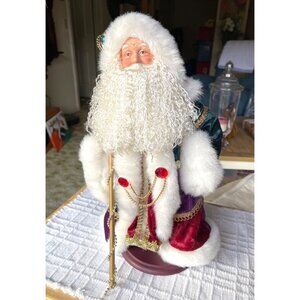 RARE Santa Claus Figurine With Staff In Red & Purple Velvet Robe With Gold Accen